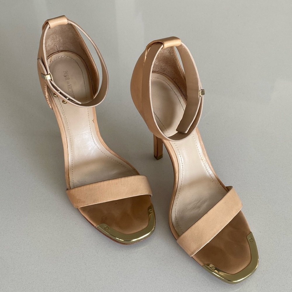 Pour La Victoire Nude Heel with Ankle Strap and Gold Metal Hardware, Size 7.5